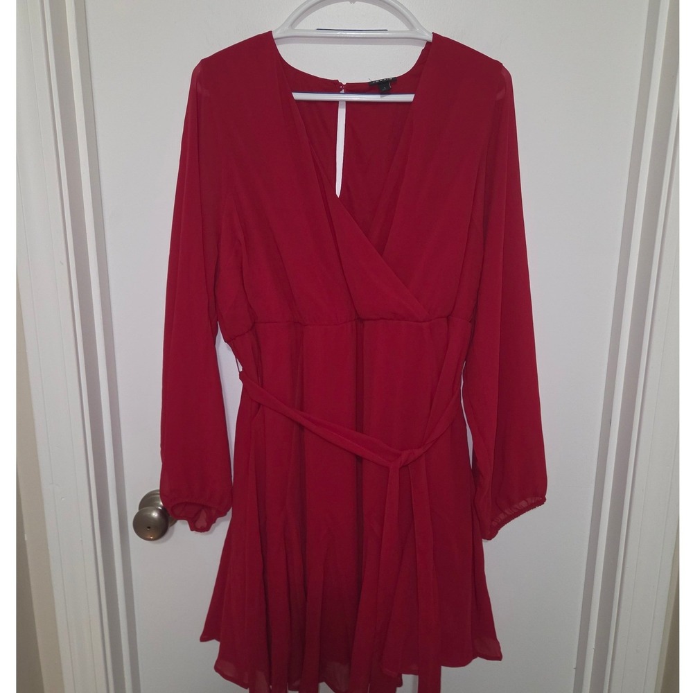 Torrid Red Chiffon Long Sleeve Surplice Mini Dress Size 1 Plus Size Belted Party